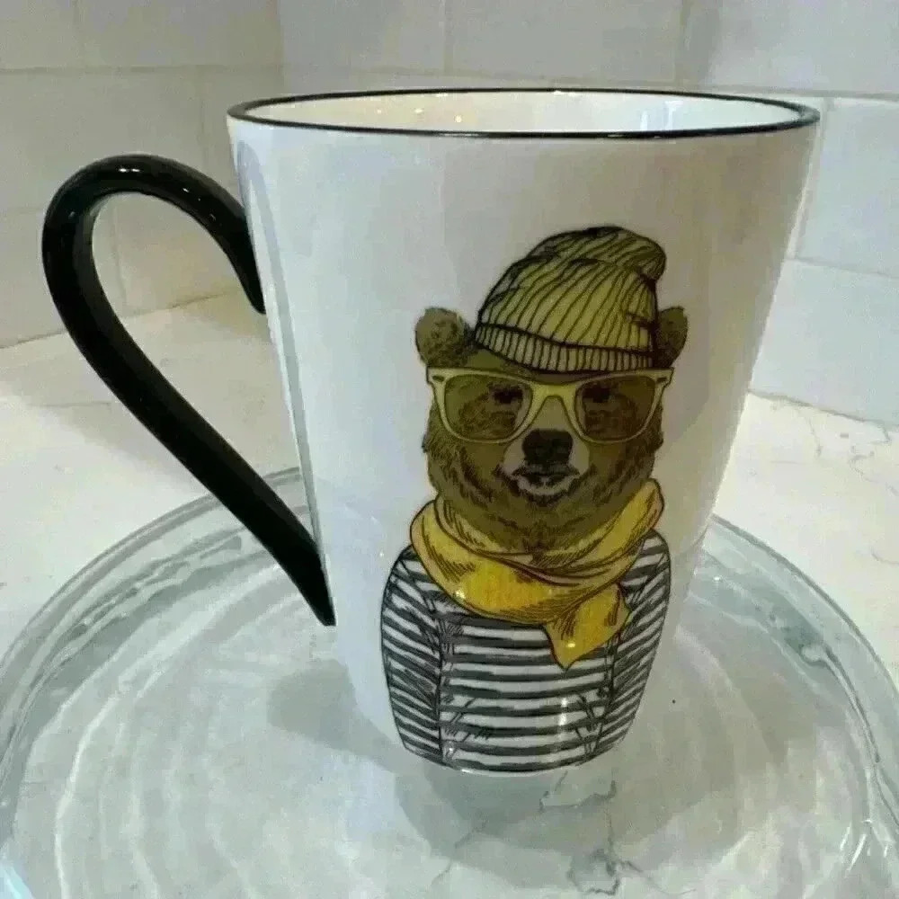Hipster Brown Bear Mug Cup by Signature 16.5 oz. Big Yellow Glasses & Scarf
